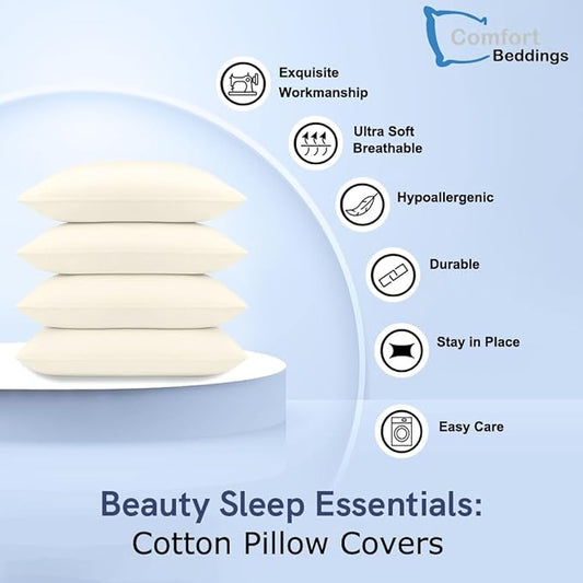 Comfort Beddings Standard Pillowcases Set of 4 – 100% Organic Cotton, 600 Thread Count Sateen, Soft & Comfy Pillow Covers with Envelope Closure, Ivory, Standard Size 20 x 26 Inches