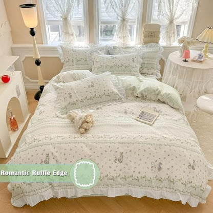 VM VOUGEMARKET Ruffle Duvet Cover Twin with Leaves Rabbit Pattern Reversible Green Grid Duvet Cover with Zipper Ties 100% Cotton Romantic Girls White Lace Comforter Cover with 2 Pillow Shams