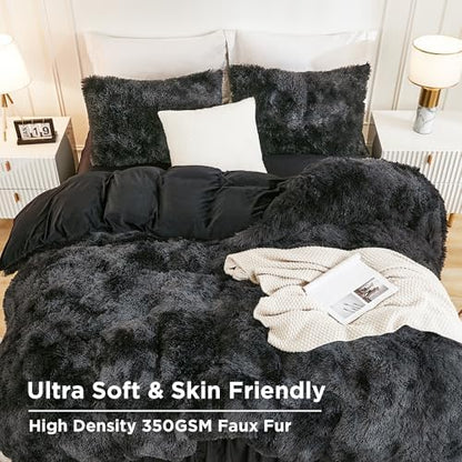 Andency Tie-Dyed Black Grey Twin Comforter Set, Fluffy Faux Fur Bedding Set