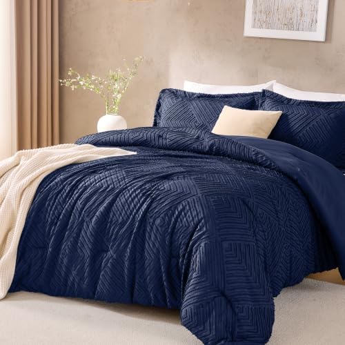 JOLLYVOGUE Twin/Twin XL Comforter Set, Boho Tufted 2PCS Bed Set, Navy