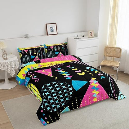 Manfei Memphis Comforter Set Twin Size, Retro 80s 90s Fashion Style Bedding Set 2pcs for Kids Boys Girls, Colorful Geometric Abstract Quilt Set Soft Polyester Duvet Set with 1 Pillowcase