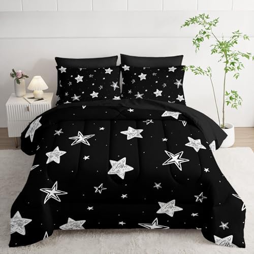 7Pcs Starry Comforter Set Black White Stars Printed Bedding Set with 1 Comforter, 1 Flat Sheet, 1 Fitted Sheet and 4 Pillowcases for Boys and Girls Bedroom All Season(Stars-3 Queen