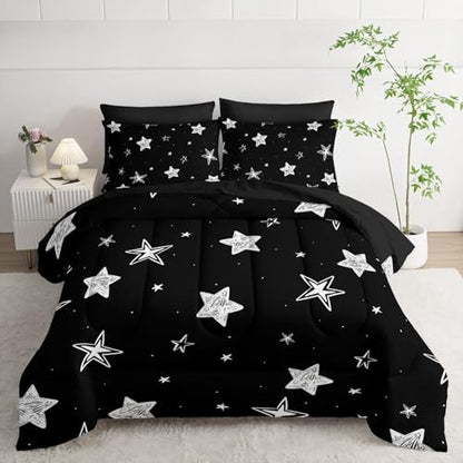 7Pcs Starry Comforter Set Black White Stars Printed Bedding Set with 1 Comforter, 1 Flat Sheet, 1 Fitted Sheet and 4 Pillowcases for Boys and Girls Bedroom All Season(Stars-3 Queen