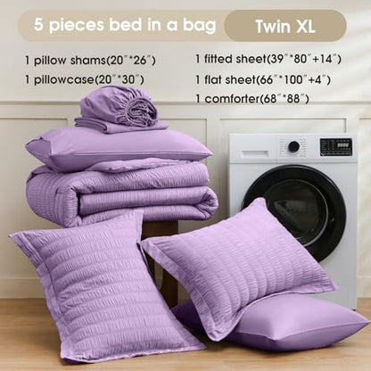 FreshCulture Comforter Set Seersucker 5 Pieces, All Season Bedding Set Twin XL, Bed in a Bag Comforter Set with Comforter, Flat Sheet, Fitted Sheet, Pillowcase and Pillow Sham, Purple