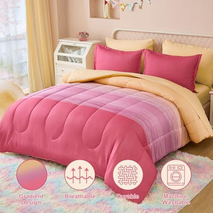 Dinjoy Girls Comforter Set Twin Size 5 Pieces Bed in A Bag Colorful Ombre Pink Yellow Rainbow Bedding Set for Kids Teen (1 Comforter, 1 Flat Sheet, 1 Fitted Sheet, 1 Pillow sham, 1 Pillowcases)