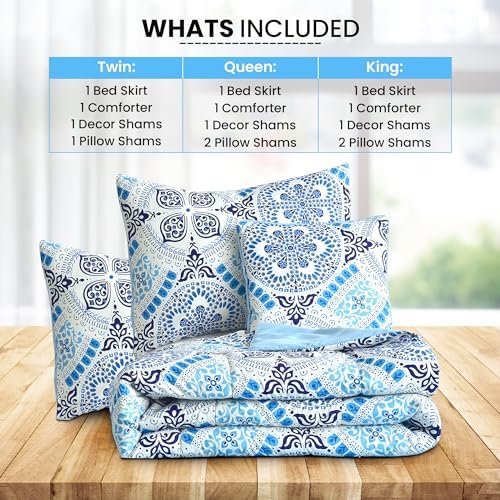 LUX Décor Reversible 4pc Twin Comforter Set, Printed Bedding Set, All-in-One Bed in a Bag, Includes 1 Comforter, 1 Pillow Sham, 1 Decor Pillow & 1 Bed Skirt (Aztec Sky,Twin)