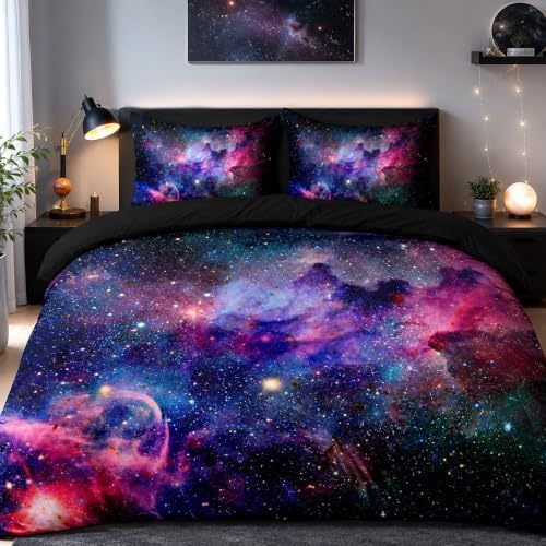 Galaxy Duvet Cover Space Bedding Set Full Size for Teen Kids, for Boys and Girls Purple Bed Set Printed with 1 Comforter Cover and 2 Pillowcases