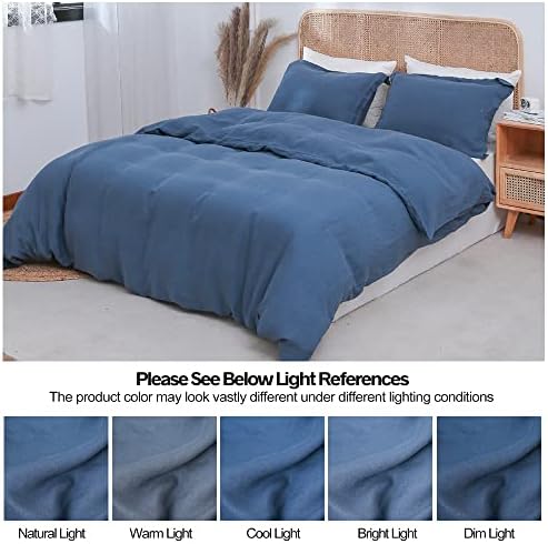 Simple&Opulence 100% Linen Duvet Cover Set 3pcs Basic Style Natural French Washed Flax Solid Color Soft Breathable Farmhouse Bedding with Button Closure - Classic Blue, Queen
