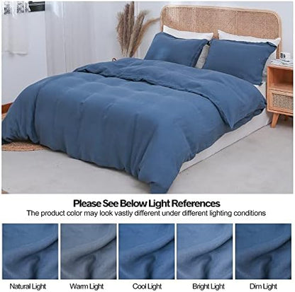 Simple&Opulence 100% Linen Duvet Cover Set 3pcs Basic Style Natural French Washed Flax Solid Color Soft Breathable Farmhouse Bedding with Button Closure - Classic Blue, Queen