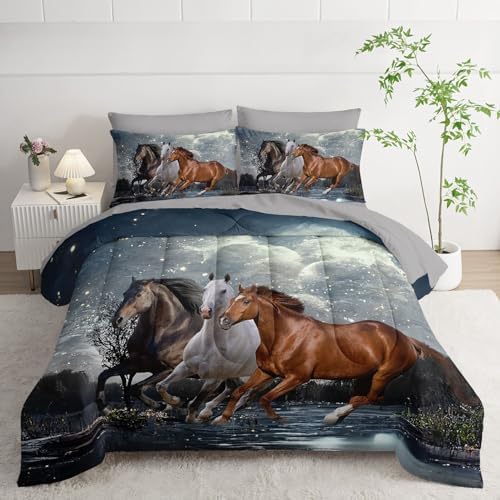 7Pcs Comforter Set 3D Western Horses Printed Bedding Set with 1 Comforter, 1 Flat Sheet, 1 Fitted Sheet and 4 Pillowcases for Boys and Girls Bedroom All Season(Horses Twin)