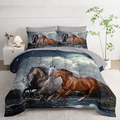 7Pcs Comforter Set 3D Western Horses Printed Bedding Set with 1 Comforter, 1 Flat Sheet, 1 Fitted Sheet and 4 Pillowcases for Boys and Girls Bedroom All Season(Horses Twin)