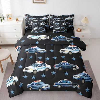 Erosebridal Police Car King Bed in A Bag for Boys, Cartoon Car Comforter Set with Sheets for Kids Teens Youth Men Bedroom, Policeman Vehicle 7 Pieces Bedding Set, Star Black Bed Sets, Microfiber