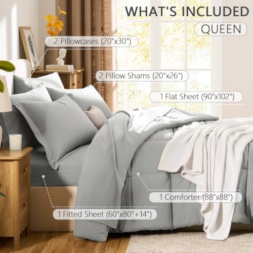 CozyLux Queen Comforter Set, 7-Piece Bed in a Bag, Silver Grey