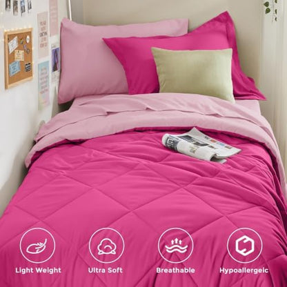HEVUMYI 5-Piece Twin Comforter Set, Hot Pink & Baby Pink Bed in a Bag