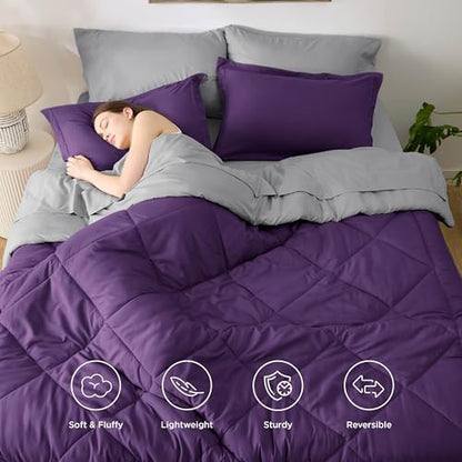 Bedsure California King Comforter Set Reversible 7Pieces Purple/Silver Grey