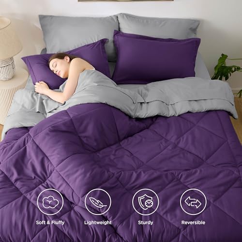 Bedsure Twin Comforter Set Reversible Bed Set 5 Pieces Purple/Silver Grey