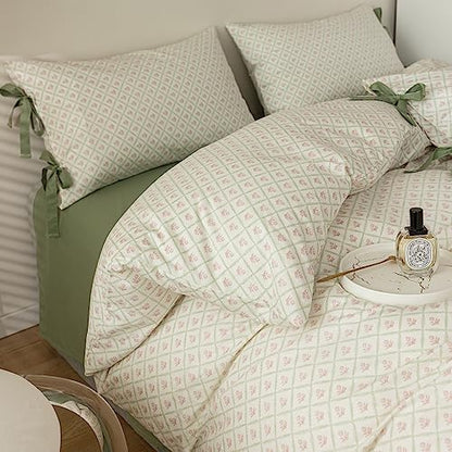 mixinni Red Floral Duvet Cover Set Full Size - 100% Cotton Green Grid Bedding with Bow Ties, 3PC Cottagecore Comforter Cover (1 Duvet Cover + 2 Pillowcases) Vintage Garden Style Soft Aesthetic
