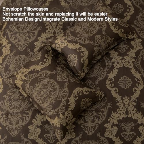 WONGS BEDDING Damask Comforter Set King Size, Coffee Gold Texture Design 7 Pcs Bed in a Bag Microfiber Comforter Bedding Sets -1 Comforter, 1 Flat Sheet, 1 Fitted Sheet, 2 Pillow Shams,2 Pillowcases