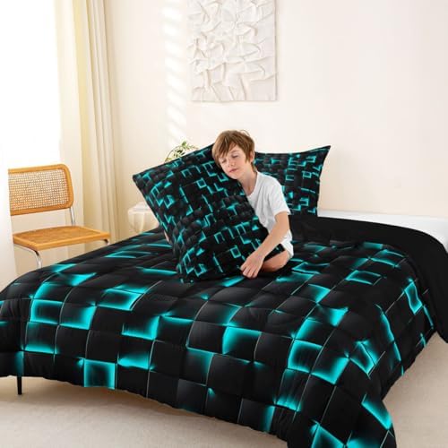 Erosebridal Neon Black Teal Boys Comforter Set King Geometric Checkered Turquoise Bedding Set for Kids Teen Men Gaming Room Decor,Abstract Ombre Plaid Comforter Grids Quilt Duvet