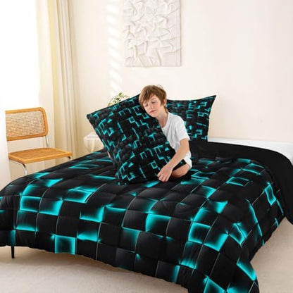 Erosebridal Neon Black Teal Boys Comforter Set Full Geometric Checkered Turquoise Bedding Set for Kids Teen Men Gaming Room Decor,Abstract Ombre Plaid Comforter Grids Quilt Duvet
