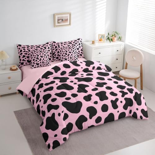 Erosebridal Cow Pink Western 7 Piece Bedding Set Full Milk Cow Print Comforter Set with Sheets Cowgirl Preppy Bed in a Bag Farmhouse Animal Bed Sets Comforter