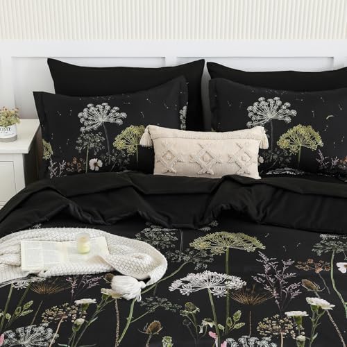 Yiran Floral Full Size Comforter Set, Black Dandelion Plant Botanical Comforter Bedding Set, 7 Piece Summer Bed in a Bag, Soft Microfiber Complete Bedding Set with Sheets for All Season