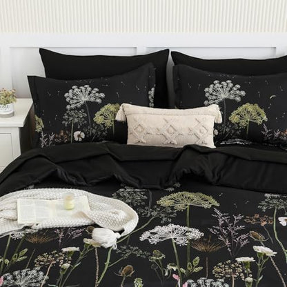 Yiran Floral Full Size Comforter Set, Black Dandelion Plant Botanical Comforter Bedding Set, 7 Piece Summer Bed in a Bag, Soft Microfiber Complete Bedding Set with Sheets for All Season
