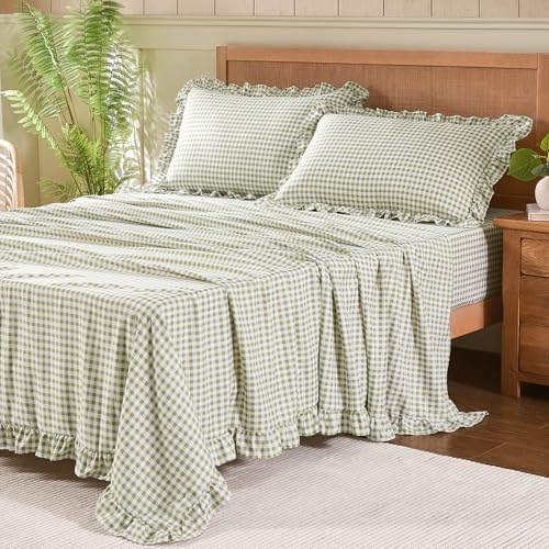 Gingham King Sheet Set, Lightweight Super Soft Brushed Microfiber Plaid Bed Sheets with 16" Deep Pocket, 4 Piece Ruffle Farmhouse Bedroom Decor, Sage Green