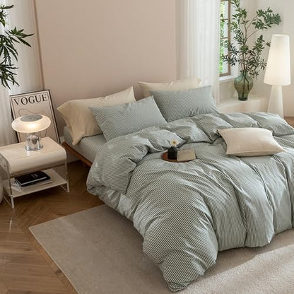 JIYUAN Oversized King Washed Cotton Duvet Cover Set, Linen-Like Pinstripe