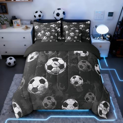 Erosebridal Soccer Comforter Full Size - Football Bedding Sets with Sheets for Boys Teens Sport Themed Bed in A Bag, 3D Ball Gaming Bed Set Bedroom Decor, Black Gray Grunge Room Decor 7Pcs