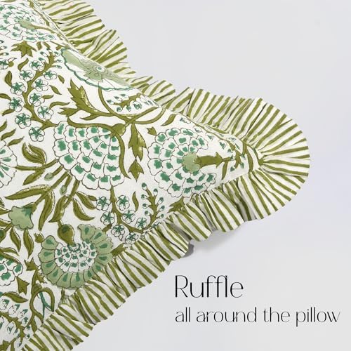 CPC Block Print Agate Green Ruffle Cotton Lumbar Pillow Cover 14x36 inch