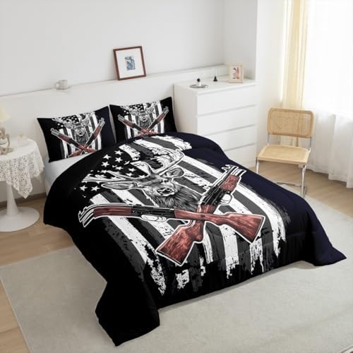 Erosebridal Deer Comforter Set American Flag Bedding Set King Size Hunting Theme Duvet Set Western Rustic Farmhouse Decor Quilts Wild Animal Elk Print Down Comforter USA Flag Comforter 3 Pcs