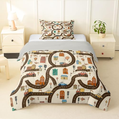 Erosebridal Cartoon Car Toddler Comforter Set Cityscape City Car Bedding Set Funny House Building Road Map Comforter for Kids Boys Girls Modern Transportation Vehicle Quilt Duvet