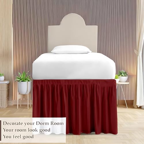 Dorm Bed Skirt Twin XL 60 Inch Drop, Easy to Install Extra Long Wrap Around Elastic Dust Ruffle, Bedskirt Solid Silky Fabric Machine Washable, Ruffled College Dorm Room Burgundy