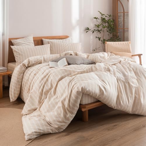BESTOUCH Striped Cotton Duvet Cover Set Linen Feel Queen
