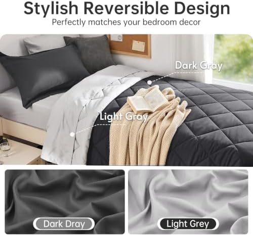 MUXHOMO 5 Pieces Twin XL Comforter Set, Reversible Bed in a Bag Twin XL Size, All Season Bedding Set with Comforter, Flat Sheet, Fitted Sheet, Pillowcases & Shams, Dark Grey & Light Grey