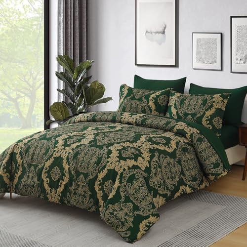 WONGS BEDDING Green Damask Queen Size Comforter Set, 7 Piece Texture Microfiber Comforter Bedding Set for All Season, Bed in a Bag with Comforter, Flat Sheet, Fitted Sheet, Pillowcases & Shams