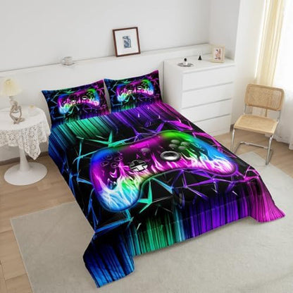 Castle Fairy Kids Gaming Bed Comforter Set Queen Size,Geometric Honeycomb Gamepad Super Soft Microfiber Bedding Set for Adults Teens,Modern Video Games Comforter Set,2 Pillowcases