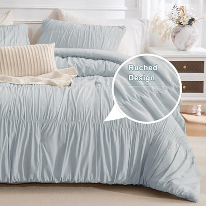Masaca Oversized King Comforter 128x120,3 Pieces Ruched Light Blue Ruffle Comforter Set Lightweight Luxury Farmhouse Shabby Extra Large King Size Bedding for All Season