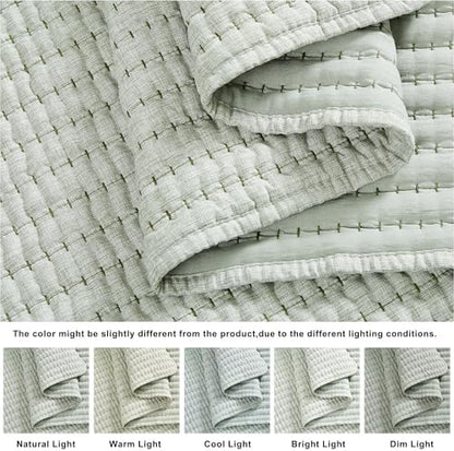 WDCOZY Sage Green Twin Size Pick Stitch Quilt Set, 2 Pieces 68x90 inches