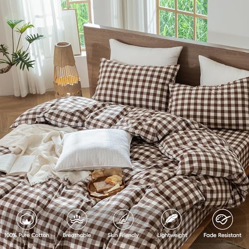 MooMee Gingham Duvet Cover Set 100% Washed Cotton Linen Like