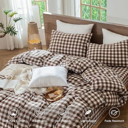 MooMee Gingham Duvet Cover Set 100% Washed Cotton Linen Like