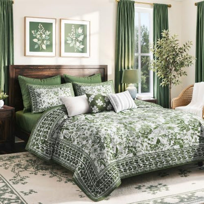 FLYMME Green Vintage Floral Quilt Set Full/Queen Size, 3-Piece Classic Reversible Bedspread Coverlet with 2 Pillow Shams, Lightweight Botanical Bedding Set for All Season