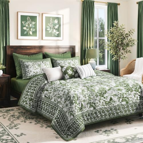 FLYMME Green Vintage Floral Quilt Set Twin Size, 2-Piece Classic Reversible Bedspread Coverlet with 1 Pillow Sham, Lightweight Botanical Bedding Set for All Season