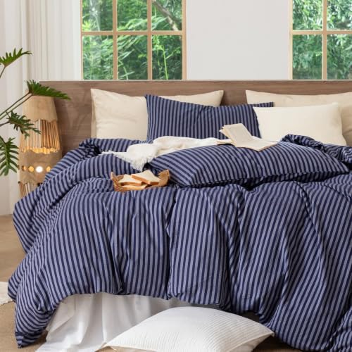 MooMee Striped Duvet Cover Set 100% Washed Cotton Linen Like King
