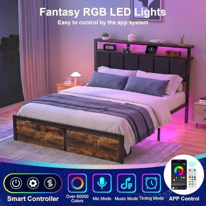 Full Bed Frame with Storage Drawers, Upholstered Headboard with LED Lights and Charging Station, Metal Platform Bed with 2-Tier Storage Shelves, Noise Free, No Box Spring Needed