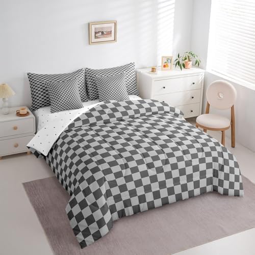 jejeloiu Grey Bedding Set 7Pcs King Size Kids Checkered Grid Comforter Set with Sheets for Boys Girls Classic Plaid Buffalo Check Bed in a Bag Soft Lightweight,Microfiber