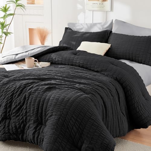 HYMOKEGE Black/Light Grey Oversized Queen Comforter Set Seersucker 7 Pieces, All Season Luxury Bed in a Bag for Bedroom, Bedding Set with Comforter, Sheets, Pillowcases & Shams
