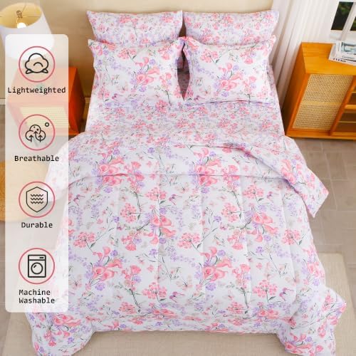 lasoftan Floral Queen Comforter Set with Sheets, 7 piece Luxury Vintage Bedding, Soft Microfiber Bed in a Bag, Cozy Lightweight Bed Set, Pink Floral Botanical