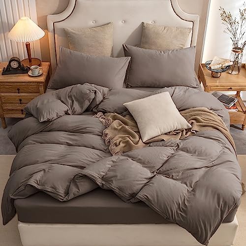 PURE ERA Jersey Knit Duvet Cover Set 100% T-Shirt Cotton Super Soft Comfy 3pc Bedding Set with Zipper Closure (Solid Brown, Queen)